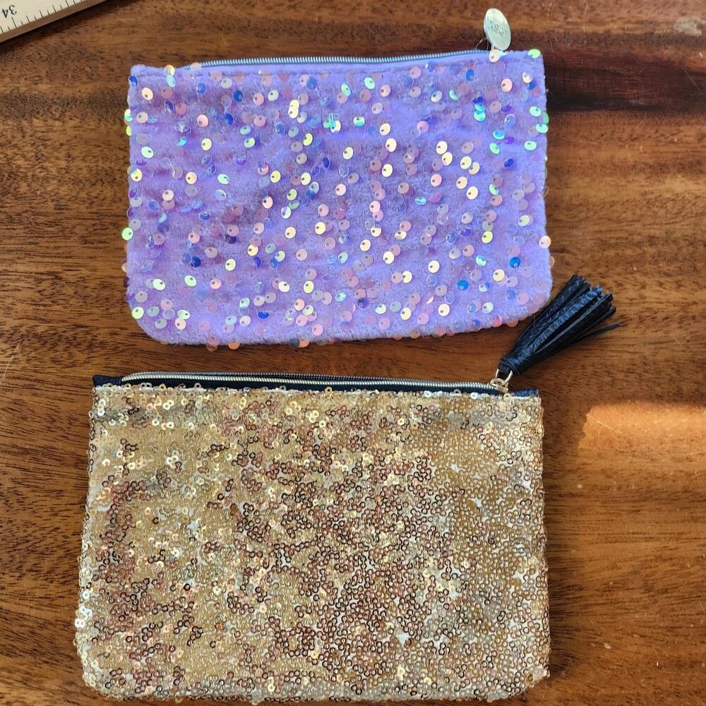 2 Sequin IPSY Bags Women's Purple & Gold Sequin Pouch Makeup Cosmetic Zippers